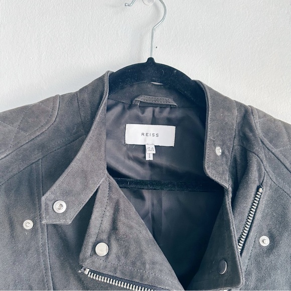 Reiss Charcoal Suede Biker Jacket 100% goat leather soft buckles moto size 4 - Picture 5 of 9